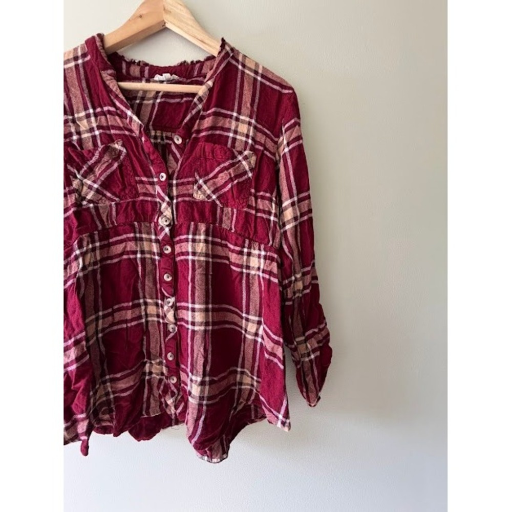 Plaid Maurices Button Down Women XL Burgundy Babydoll Plaid Ruffle Neck Blouse - Picture 2 of 7